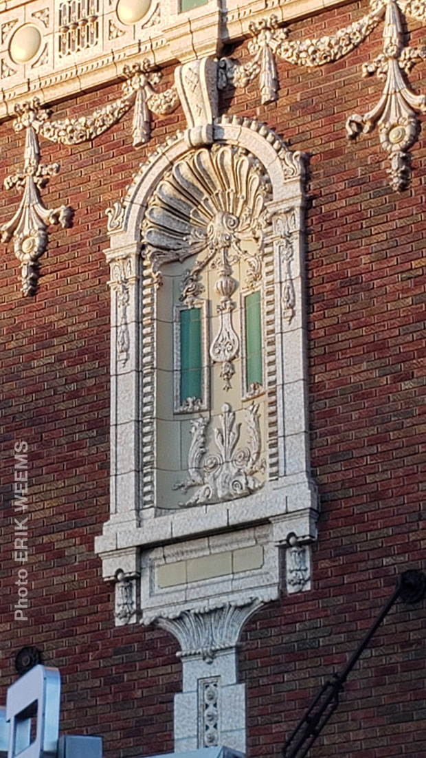 Detail brick facade on Byrd Theatre in Richmond Virginia